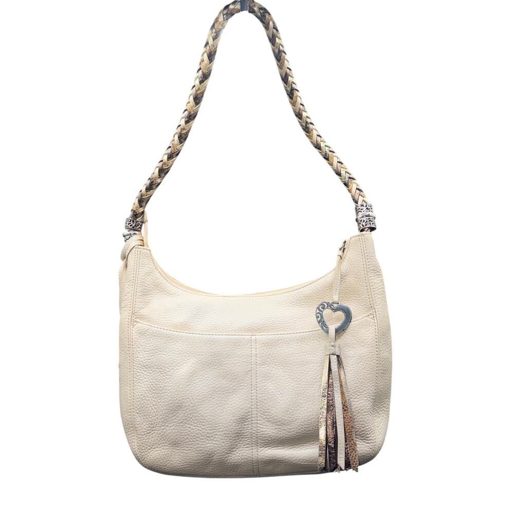Brighton Cream Leather Hobo Shoulder Bag Braided Strap Heart Tassel E826787